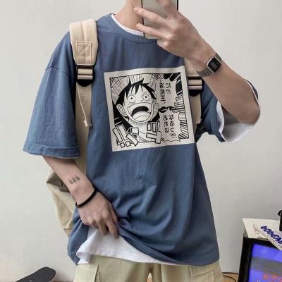 China loose T-shirt men's white short sleeve Anti-wrinkle blue summer fashion cartoon printed T-shirt men's T-shirt print for sale