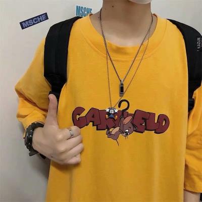 China Loose T-shirt Men's White Sleeve Shorts Anti-wrinkle Yellow Summer Fashion Cartoon Printed T-shirt Compression T-shirt for sale