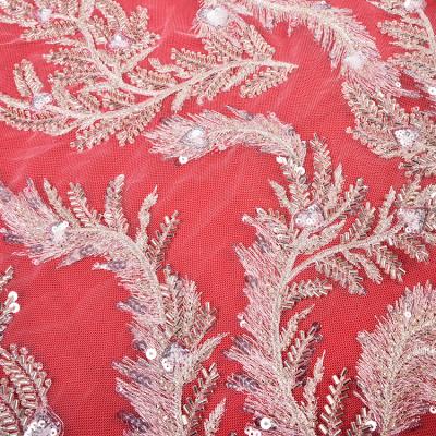 China Sustainable Luxury Embroidery White Glitter Beaded Lace Fabric For Bridal for sale