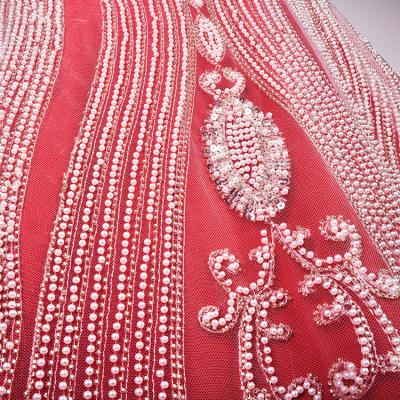 China Sustainable Luxury Beaded Crystal Rhinestone Lace Fabric For Wedding for sale