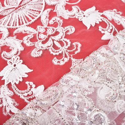 China Sustainable Luxury Embellished Beaded Tulle Sequin Lace Fabric For Wedding for sale