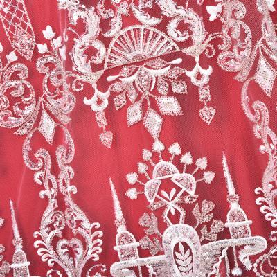 China 2023 viable 3d beaded embroidery organza tulle lace sequins fabric for wedding for sale