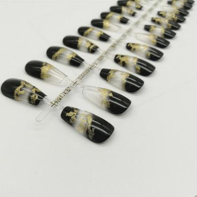 China Long Irregular Shape Ballerina ABS Ballerina Gold Foil Design Black Full Cover Tips Layout Full Cover Nail Tips for sale