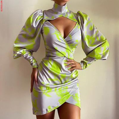 China Autumn Washable Soft Bomblook Clubwear M21DS670 Hollow Out High Print Long Sleeve Neck Zipper Mini Dresses Women Casual for sale