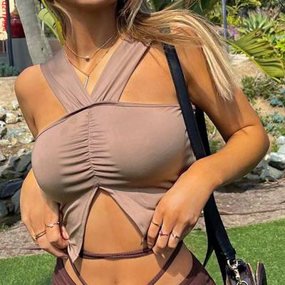 China Bomblook Q21TP694 Solid Color Elegant Sling Anti-wrinkle Hanging Neck Clubwear Pleated Casual Sleeveless Crop Top Women for sale