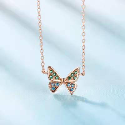 China QS576 Romantic Rose Gold Plated Butterfly 925 Sterling Silver Necklace Diamond Zircon Women's Necklace for sale