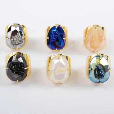 China ZG0312 Wholesale Natural Crystal Druzy Stone Rings Gemstone Ring Band Rainbow Faceted Gold Ring for sale