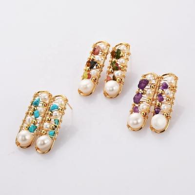 China WX2102 Vintage Wire Wrap Tourmaline Stone Chips Pearl Earrings for sale