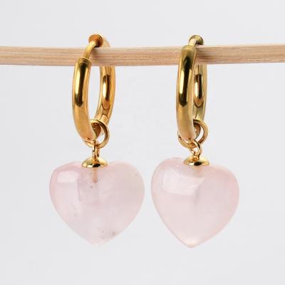 China Vintage AJ439 18K Gold Plated Women's Rose Quartz Crystal Heart Stainless Steel Huggie Hoop Earrings for sale