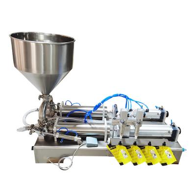 China Quantitative Small 2 Nozzle Suction Food Bag Filling Machine Tomato Sauce Honey Tahini Chili Sauce Plunger Tank Machine for sale