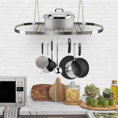 China Home Decor Restaurant Pot and Pan Rack Ceiling Decorative Oval Mounted Universal Storage Rack Organizer with Hooks for sale