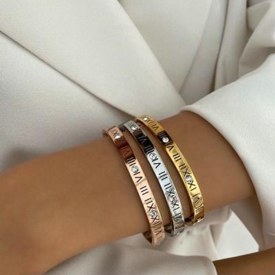 China FASHIONABLE R.GEM. Classic Stainless Steel Roman Numeral Bracelet Zircon Bangle Fashion Width 6mm for sale