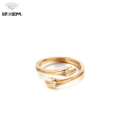 China FASHIONABLE R.Gem. Cute Romantic Embrace Hands Open Adjustable Stainless Steel Ring For Women for sale