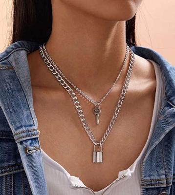 China R.GEM punk. Girl Chains Statement Heart Lock Key Pendant Silver Set Punk Choker Layered Necklace for sale