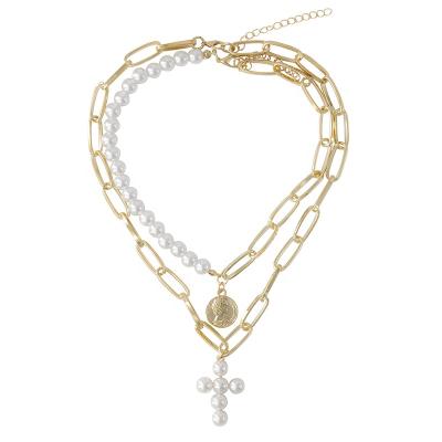 China 2019 New ALLOY 2pcs/set Coin Layered ABS Pearl Bead Cross Necklace for sale