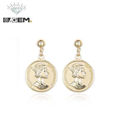 China Vintage R.GEM. European Vintage Beauty Head Queen Coin Circle Earring For Women for sale