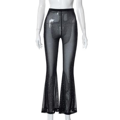 China New Arrival Summer Anti-wrinkle Mesh See Through Rhinestone Shiny Loungewear Hot Selling Women Flare Pants Trousers for sale