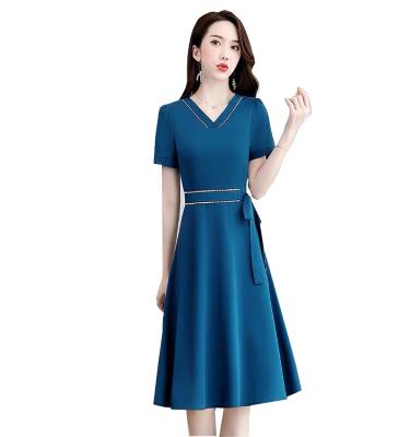 China Breathable Fashion Swing Short Sleeve V-neck Elegant Dress Simple Large Dress Skirt For Women for sale