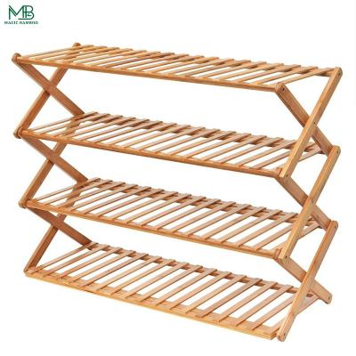 China Bamboo Wood Foldable Free Installation 4 Tier Shoe Storage Shelf for sale