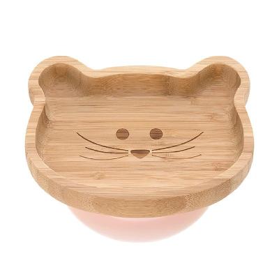 China Customized Logo Cute Bear Fall-Resistant Bamboo Bowl With Feeding Spoon Silicone Base for sale