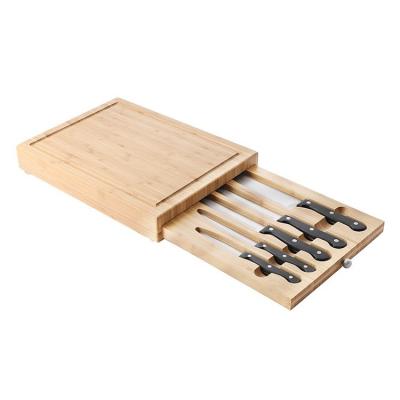 China Natural Bamboo Kitchen Chopping Block with 1 Drawer and 5 pcs Knives Juice Groove Included for sale