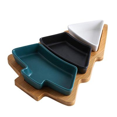 China Festive Bamboo Table Tray with Three Removable Ceramic Dishes and Christmas Tree Shape for sale