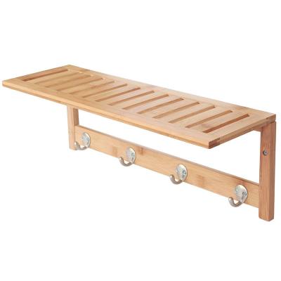 China Modern and Functional Solid Bamboo Wooden Bathroom Shelf with 4 Stainless Steel Hooks for sale