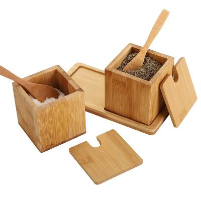 China Natural Bamboo Square Salt Spice Herb Dry Storage Box With Lid Spoon 17x7.1x8.2cm for sale