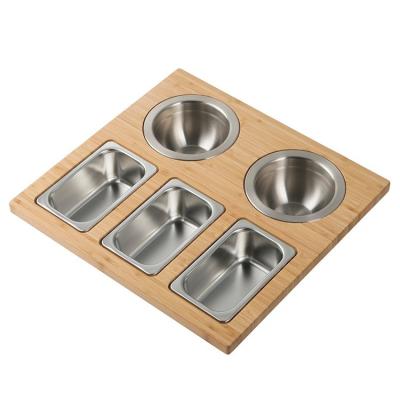 China Workstation Composite Bamboo Cutting Board Set with Rectangular Stainless Steel Bowls for sale