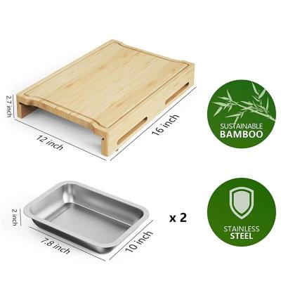 China Custom Sustainable Rectangle Bamboo Chopping Board with Stainless Steel Drip Trays for sale