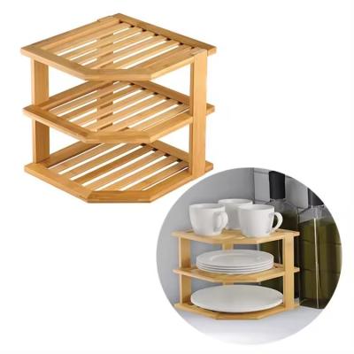 China Food Multifunctional Bamboo Plate Organizer for Kitchen and Bathroom Corner Shelf for sale