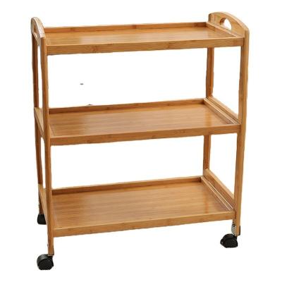 China Functional Design Bamboo Kitchen Storage Trolley with 3 Finishing Shelves and Wheels for sale