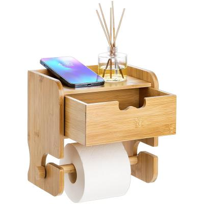 China Custom Bathroom Storage Rack Wall Mounted Bamboo Toilet Paper Holder for sale