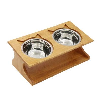 China 35x17.5x13cm Bamboo Elevated Dog Cat Food Stand Feeder with 2 Stainless Steel Raised Bowls Customer Logo for sale