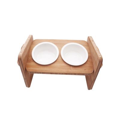 China Protect Cervical Spine Easy Cleaning Ceramic Pet Feeder with Adjustable Bamboo Stand for sale