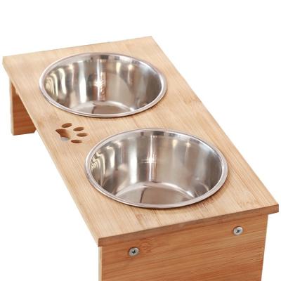 China Rectangle Elevated Bamboo Dog Feeder Cat Food Bowls For Small Animals for sale