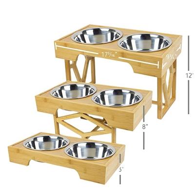 China Adjustable Raised Bamboo Pet Feeder 100% Solid Bamboo Stand Dog Bowl for sale