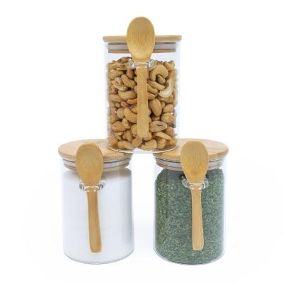 China Convenient Storage Set of 3 Airtight Glass Jars with Bamboo Lids and Spoons for sale