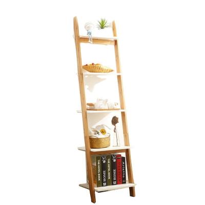 China 5 Tier Wall Leaning Bamboo Ladder Shelf Bathroom Bookshelf Storage for sale