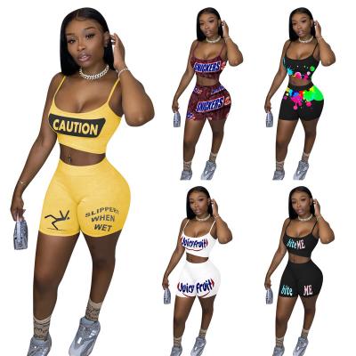 China Anti-Wrinkle Wholesale Wholesale Elastic Waisted Letter Print Ladies 2 Piece Set High Elastic Candy Snacks Shorts With Tops Biker Shorts Sets Women Plus Size for sale