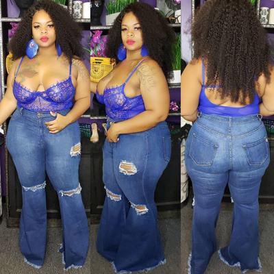 China 2020 America Vintage Style Waist Hole Jeans Women Bell Bottom High Wide Leg Flared Stretch QUICK DRY Plus Size Panty Ripped Jeans for sale