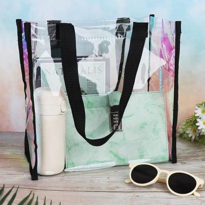 China Reusable; Eco Durable Capacity Fashion Summer Vacation Travel Women Tote Bags Shoulder Strap Beach PVC Waterproof Bag for sale