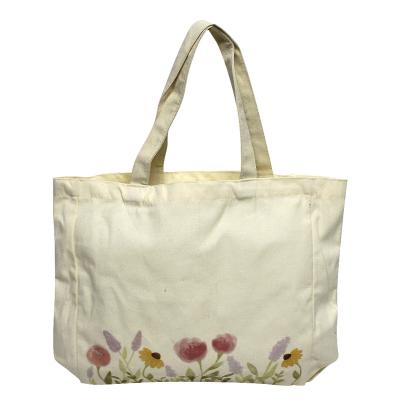 China Reusable Wholesale Cheap Price Flower Pattern Tote Bags For Gift Cotton Eco Friendly Custom Wide Bottom Bag Packaging for sale