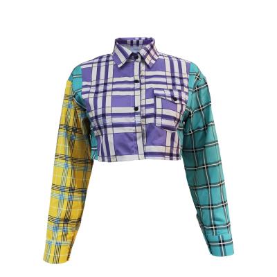 China 2022 Autumn Spring Women Fashion Button Contrast Color Shorts Long Sleeve QUICK DRY Crop Blouse Top Plaid Shirt For Ladies Clothes for sale