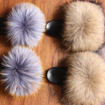 China Wholesale Price 100% REAL BIG FUR Fox Outdoor Flat Slippers Raccoon Fur Soft Flush Sandals Slides For Women Slippers for sale