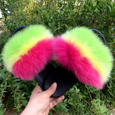 China Wholesale Price 100% REAL BIG FUR Fox Outdoor Flat Slippers Raccoon Fur Soft Flush Sandals Slides For Women Slippers for sale