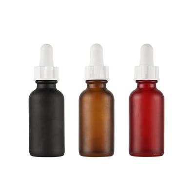 China Customized Round Amber Black Red Frosted Cosmetic 15ml 30ml 60ml Boston Glass Bottle For Essential Oil With Cosmetic Dropper Packaging for sale