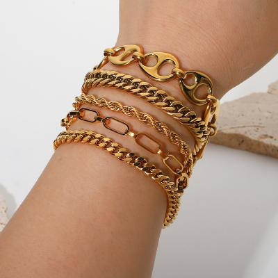 China Trendy Statistical Miami Jewelry Set Miami Cuban Chain Bracelet Flat Snake Stacked 18K Gold Plated Stainless Steel Bracelet Women for sale