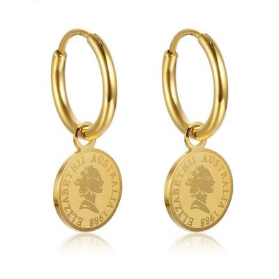 China CLASSIC Queen Women Stainless Steel Vintage Soft French Gold Coin Round Dangle Earrings for sale