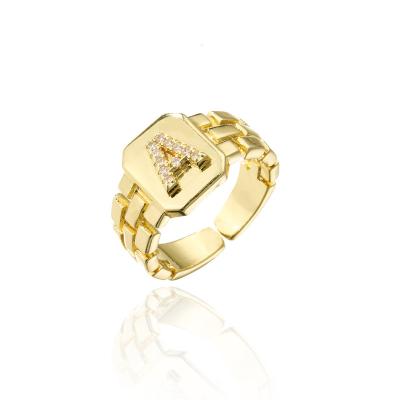 China Large 26 Letter Zircon Hiphop Cabochon 18K Gold Plated Adjustable Initial Hiphop Alphabet Open Ring for sale